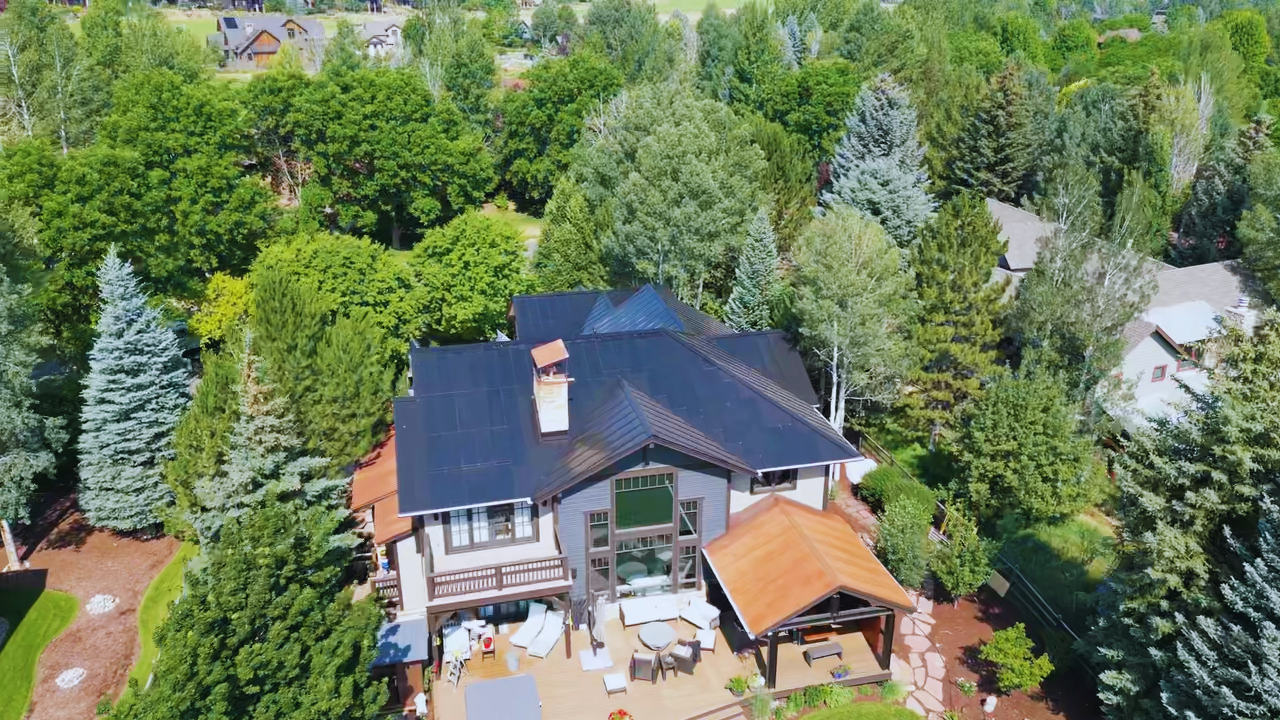 Aerial view of a finished integrated solar roof in Carbondale, Colorado
